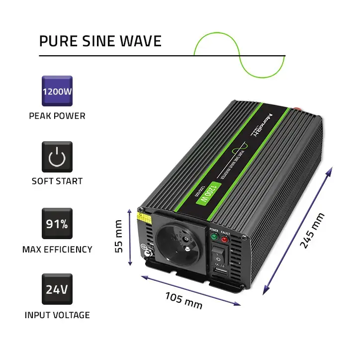 Qoltec Pure Sine Wave Inverter Monolith| 600W | 1200W | 24V to 230V