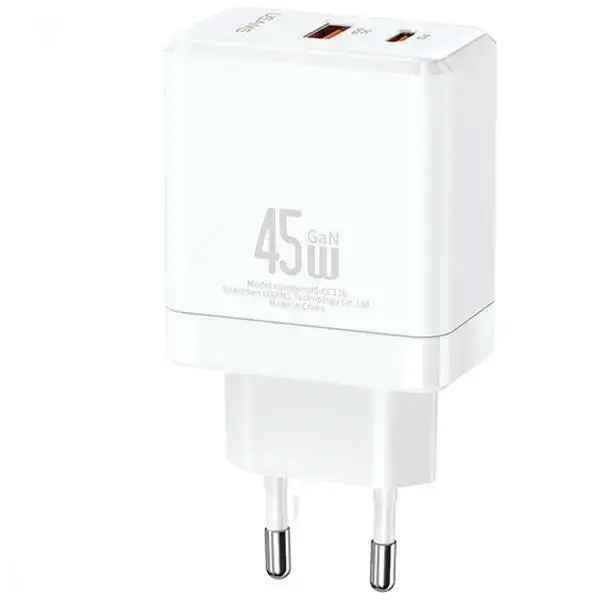 USAMS CC178TC02 travel charger | 45W | GaN, PD3.0, QC3.0 | USB-C, USB-A | white