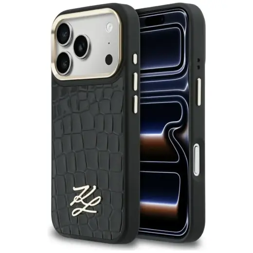 Karl Lagerfeld Croco KL Script Logo grāmatveida maciņš ar MagSafe atbalstu telefonam iPhone 17 Pro Max melns