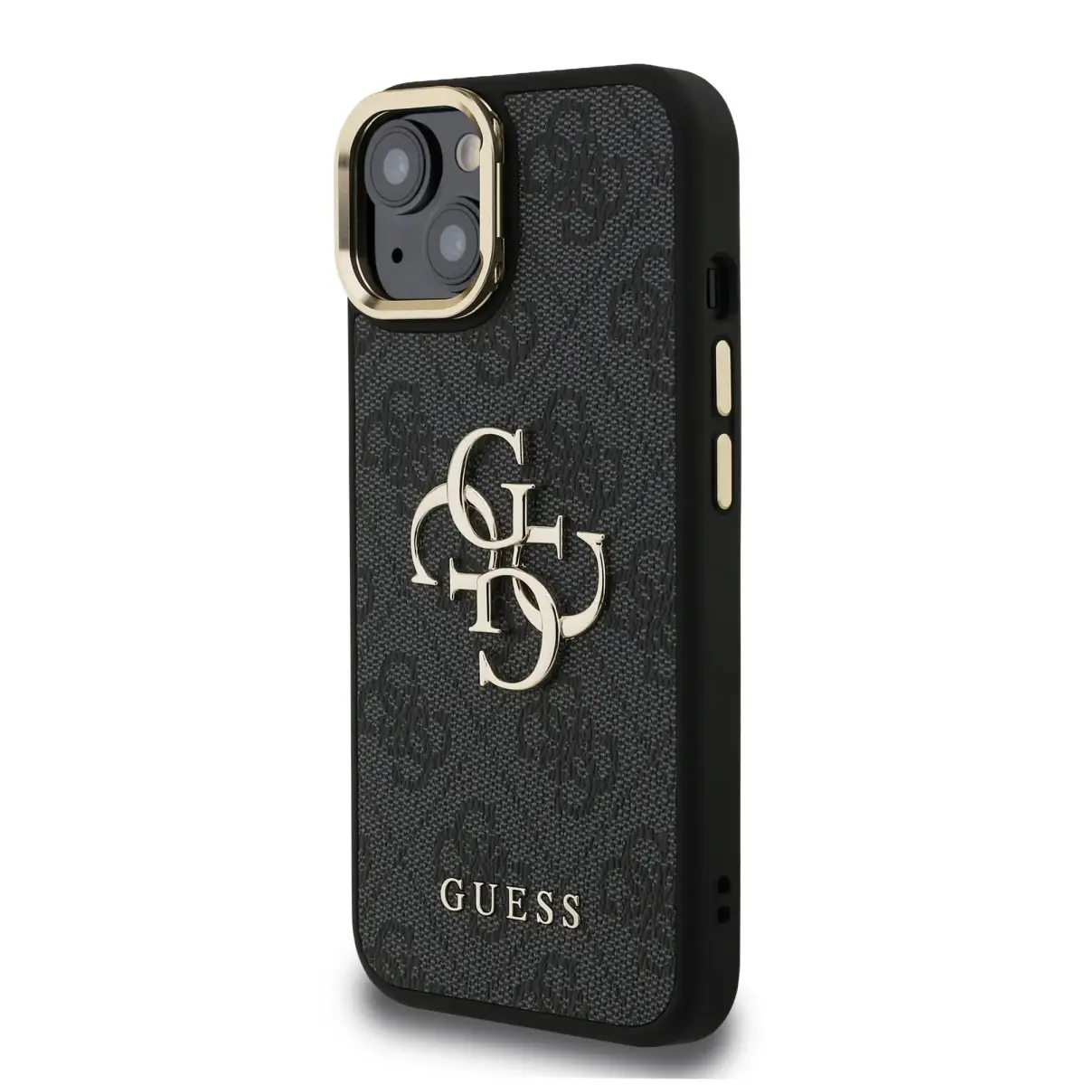 Guess PU 4G Metal Logo Stand Camera Frame telefona maciņš iPhone 13 melns