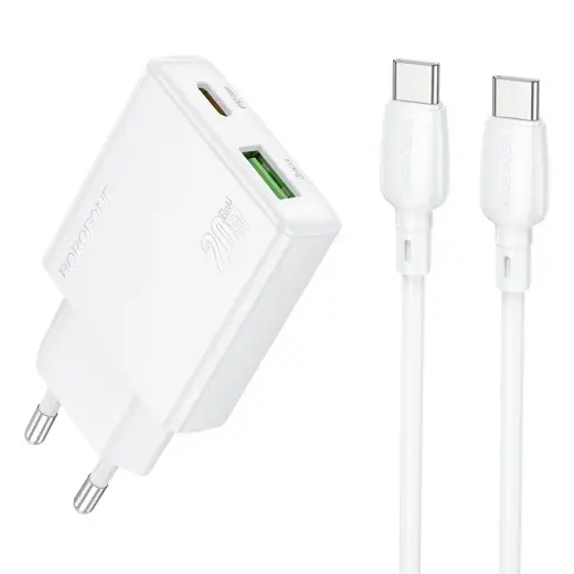 Borofone Wall charger BN24 Wish - USB + Type C - PD QC 3.0 20W with Type to Type C cable white