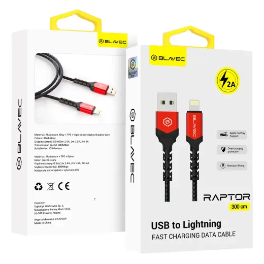 Blavec Raptor data transfer and charging cable | USB-A to Lightning | 10W | 3m | black, red