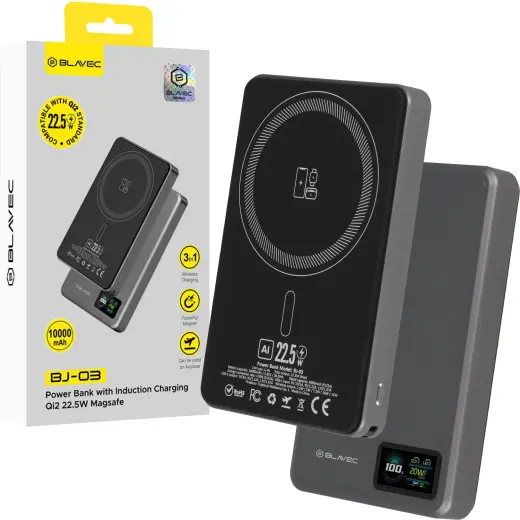 Blavec BJ-03 Slim ārējais akumulators (powerbank) | 10000 mAh | 22.5W | USB-C, MagSafe | LED ekrāns | pelēks