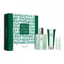 For a Man by Caron Gift Set EDT 125 ml, shower gel 75 ml, Le Matin EDT 5 ml miniature, and Le Soir EDP 5 ml miniature.