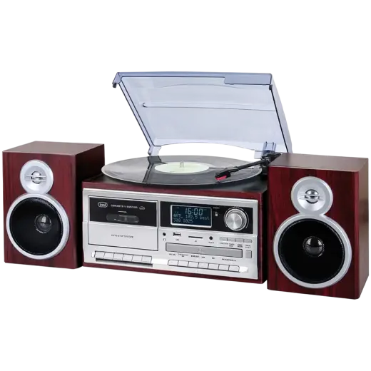 Stereo Turntable System with DAB / DAB + Digital Receiver, Three-speed turntable 33 / 45 / 78 rpm, File reader on USB / SD Card, Cassette player/recorder with hitchhiking, Wireless function, Aux-in input, Headphone jack, Wood colour