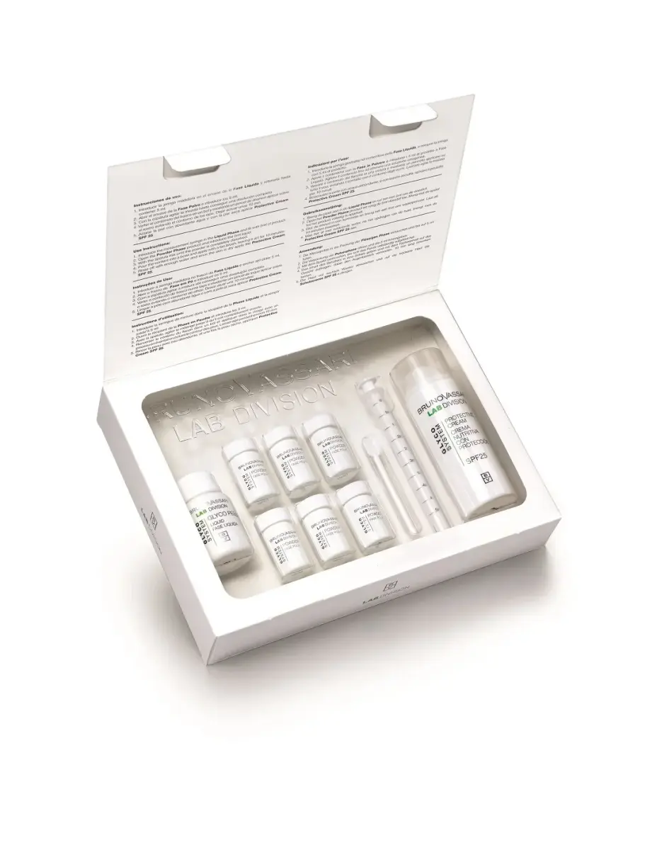 Set Bruno Vassari: Glyco System, Eliminates Impurities, Exfoliating Powder, 6 pcs, 0.30 g + Glyco System, Protects & Hydrates, Cream, For Face, SPF 25, 30 ml