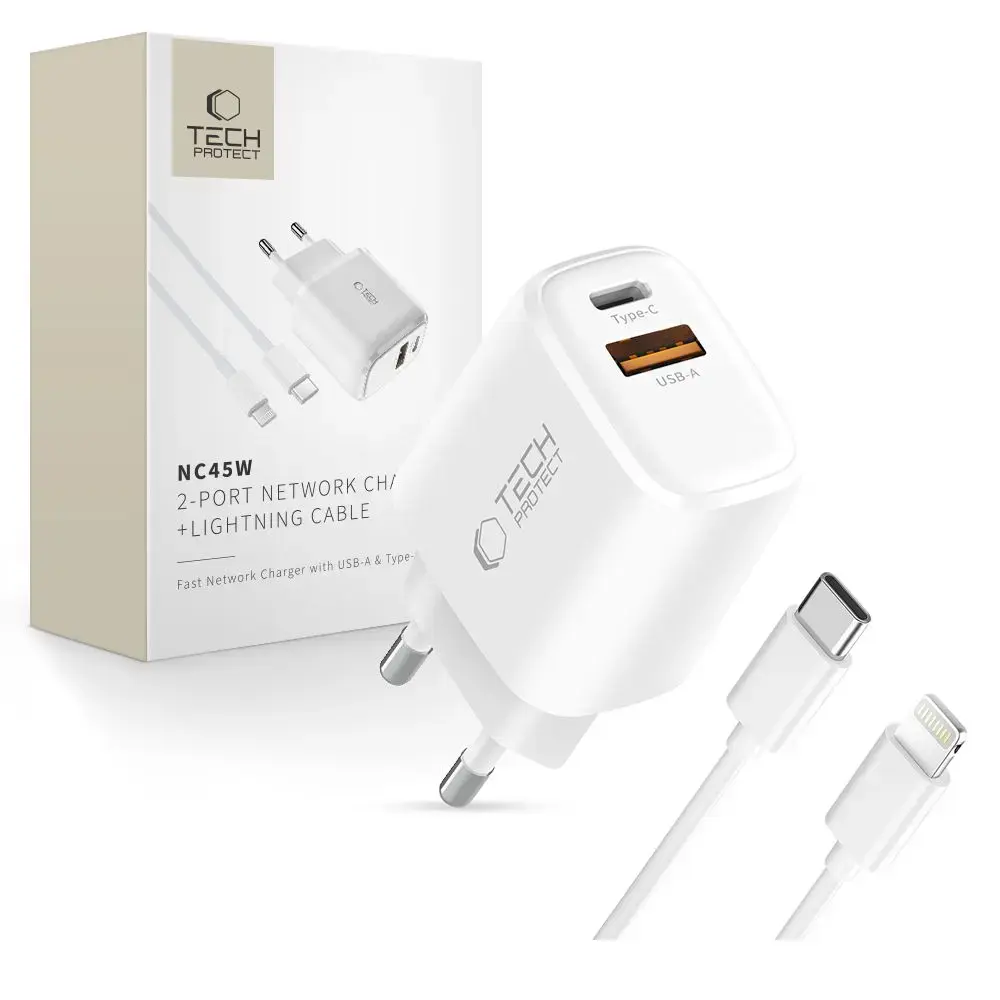 Tech-Protect NCA45W-GAN tīkla lādētājs | 45W | PD, QC, GaN | USB-C, USB-A | ar USB-C uz Lightning vadu komplektā | balts