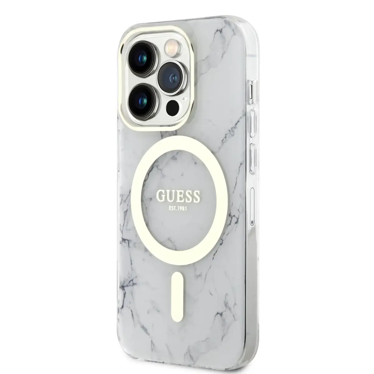 Guess IML Marble MagSafe telefona maciņš iPhone 13 Pro balts