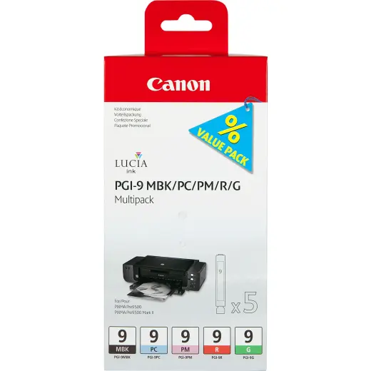 Tintes kārtridžu komplekts Canon PGI-9 1033B013 matēti melns/foto ciāns/foto purpursarkans/sarkans/zaļš