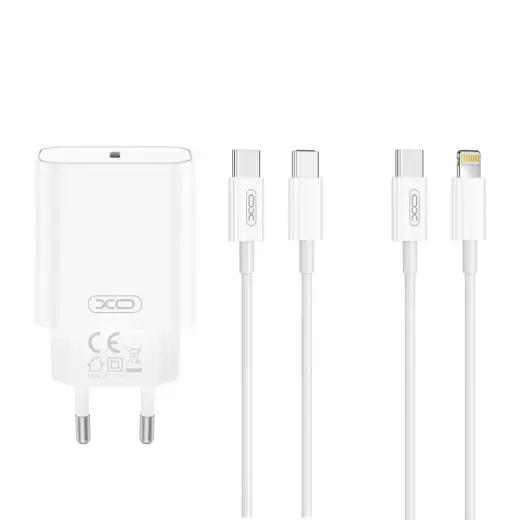 XO CE32 reisilaadija | 20W | PD | USB-C | USB-C kuni Lightning kaabliga komplektis | valge