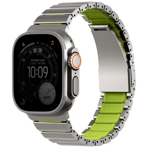 UNIQ Strova Flex smartwatch strap for Apple Watch (44/45/46/49 mm) | Stainless steel | silver/lime