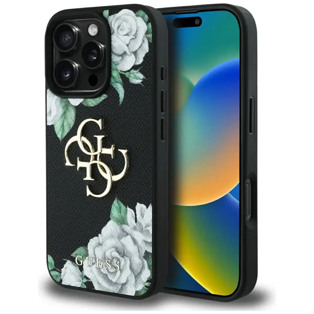 Guess Grained Roses Big 4G logo telefona maciņš iPhone 16 Pro Max melns
