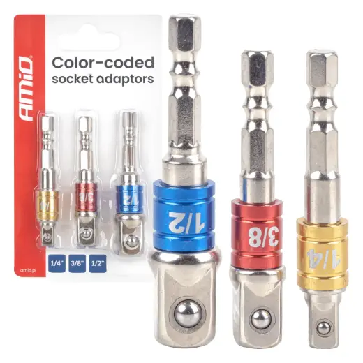 Color-coded socket adaptors 3el. 1/4" 3/8" 1/2" AMIO-04936