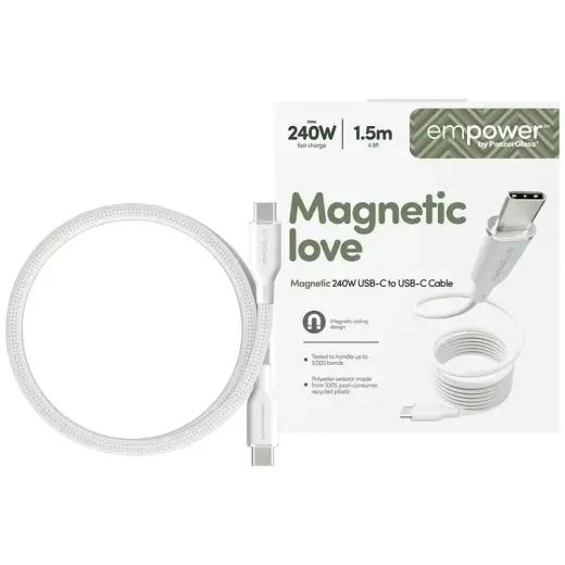 PanzerGlass Empower Magnetic провод для передачи данных и зарядки | USB-C на USB-C | 240W | 1.5m | серебряный, белый