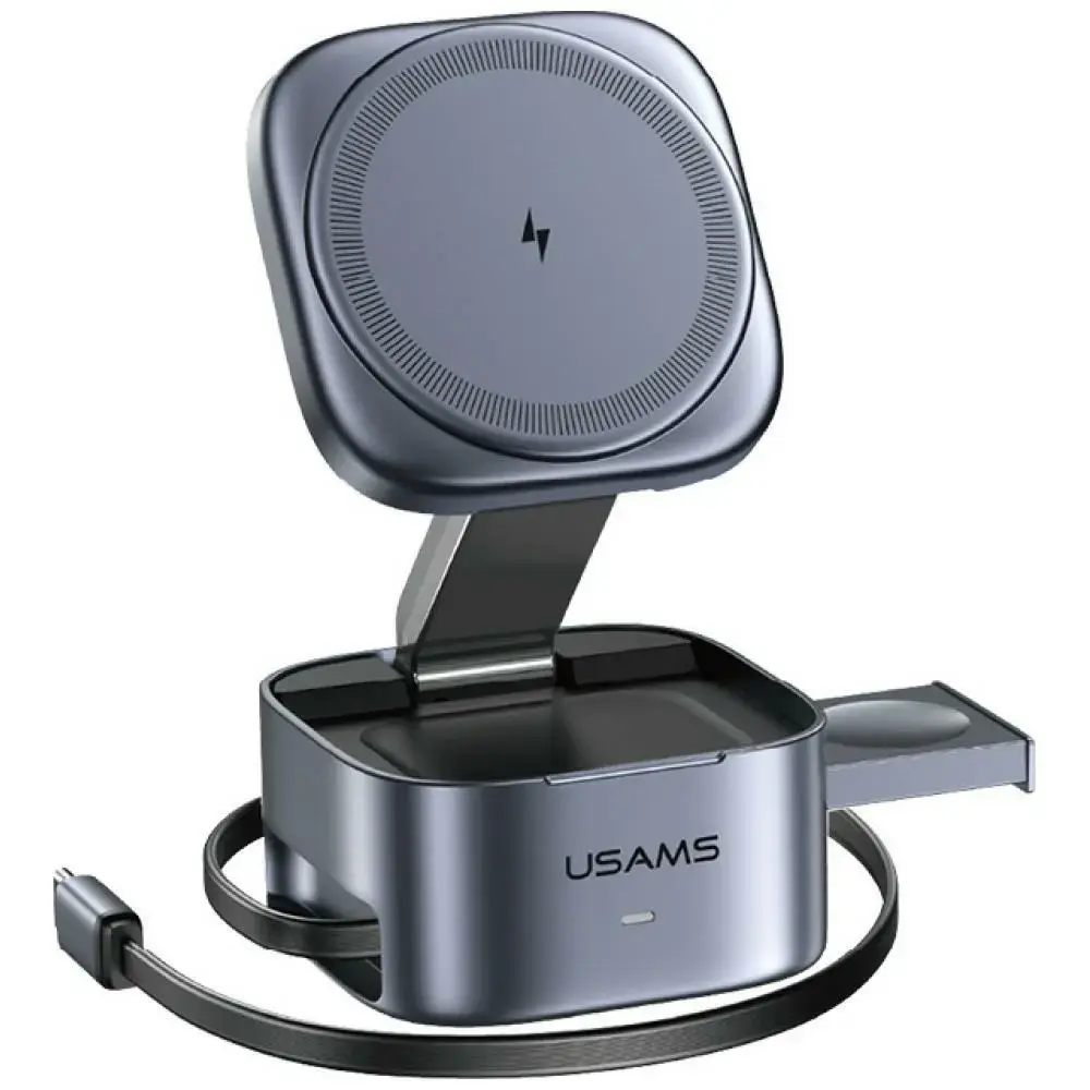 USAMS CD257 3-in-1 bezvadu lādētājs | Qi 2 | pelēks