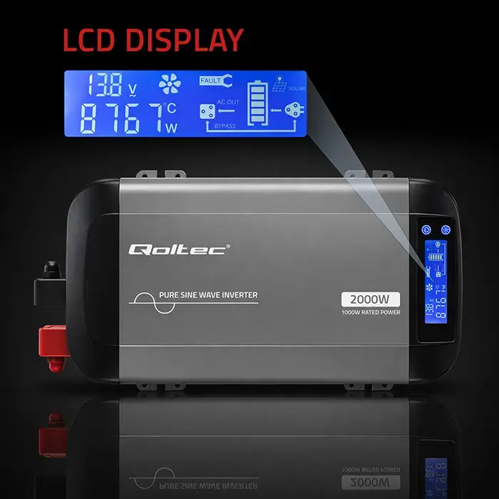 Qoltec Pure Sine Wave Inverter | 12V to 230V | 1000/2000W | LCD | USB | USC-C | Compatible with LiFePO4 GEL AGM