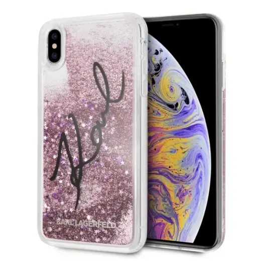Karl Lagerfeld KLHCI65TRKSIGPI iPhone Xs Max różowy|pink hard case Signature Liquid Glitter Stars