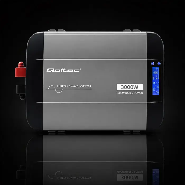 Qoltec Pure Sine Wave Inverter | 12V to 230V | 1500/3000W | LCD | USB | USC-C | Compatible with LiFePO4 GEL AGM