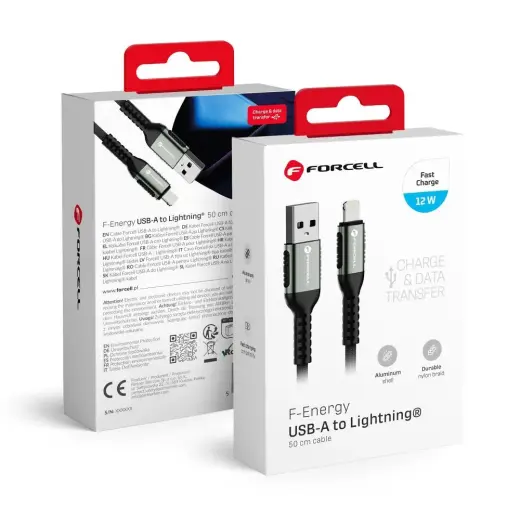 Forcell F-Energy C257 duomenų perdavimo ir įkrovimo laidas | USB-A į Lightning | 12W | 0.5m | juodas