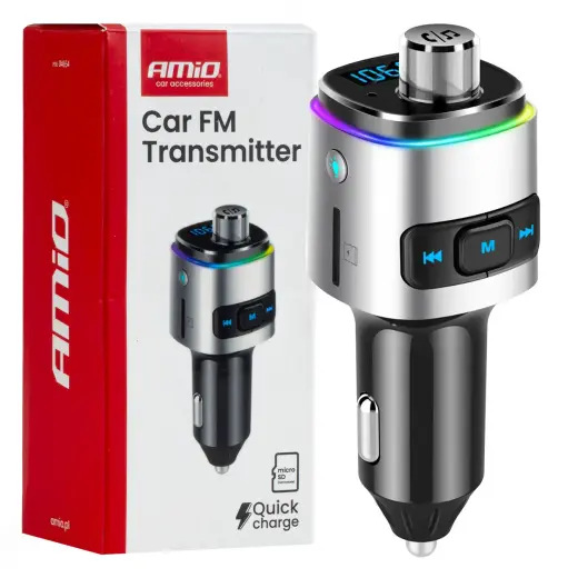 Car FM Transmitter 2×USB-A microSD 12V 24V AMIO-04654