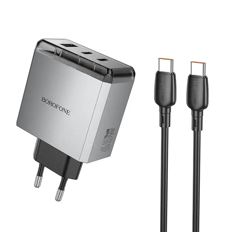Borofone Wall charger BN22 Lena GaN - 2xType C + USB - QC 3.0 PD 65W with Type C to Type C cable grey