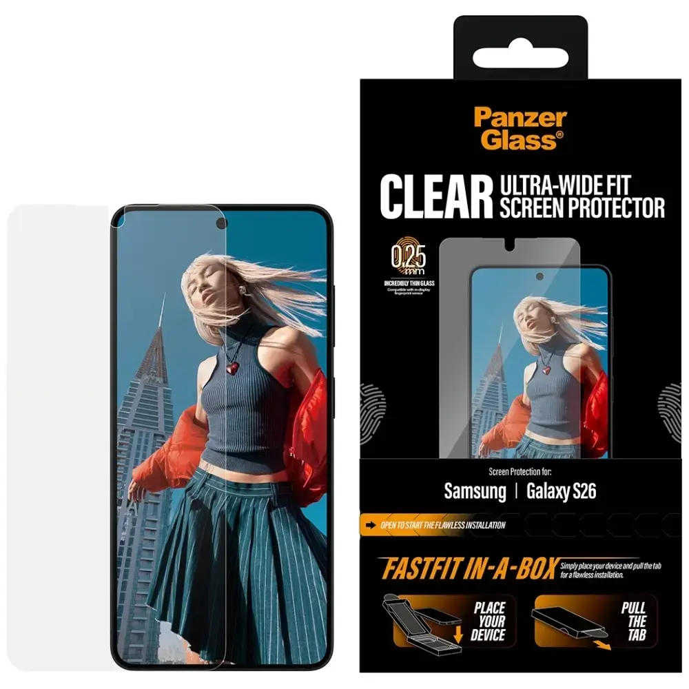 PanzerGlass Ultra-Wide Fit FastFit aizsargstikls telefona ekrānam Galaxy S26 ar uzstādīšanas rāmi