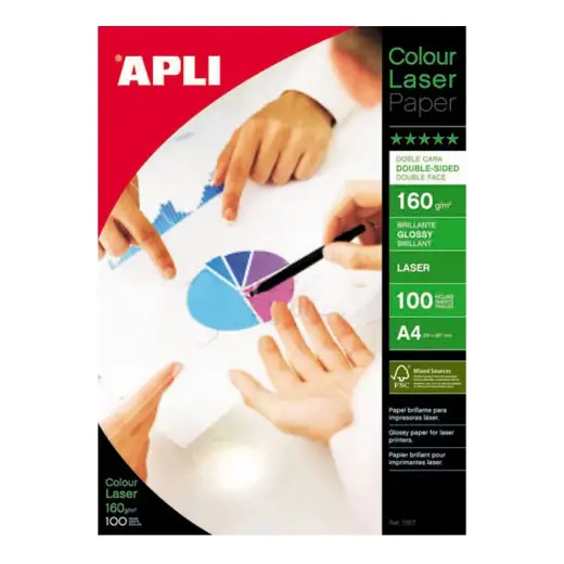 Papīrs APLI Colour Laser Glossy A4 160g/m2, divpusīgs, 100 loksnes/iepakojumā