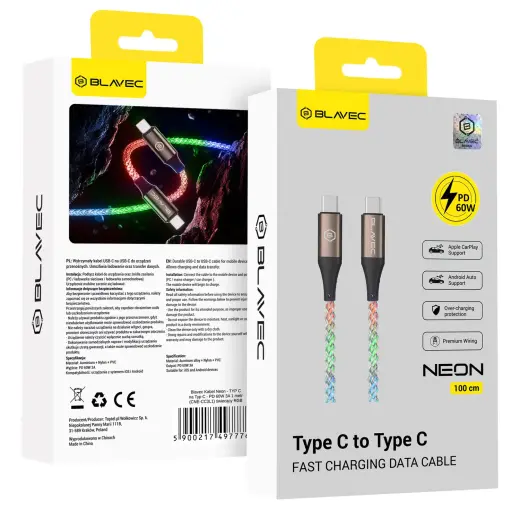 Blavec CNE-CC3L1 datu pārraides un uzlādes vads | USB-C uz USB-C | PD | 60W | 1m | daudzkrāsu
