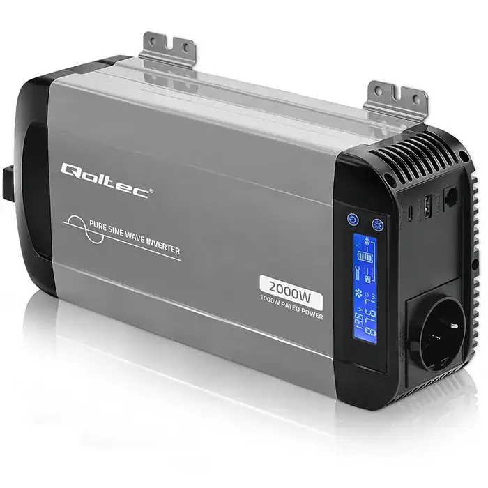 Qoltec Pure Sine Wave Inverter | 12V to 230V | 1000/2000W | LCD | USB | USC-C | Compatible with LiFePO4 GEL AGM