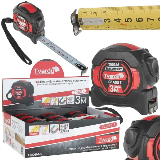 Double-sided Nylon Tape Measure with Magnet and Autostop 3m/16mm CLASS I – Display Box