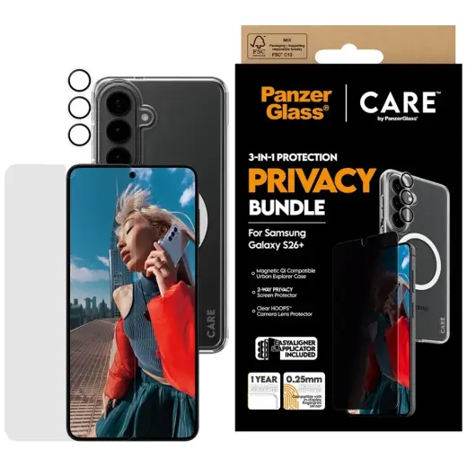 CARE by PanzerGlass 3-in-1 privaatsuse kaitsekomplekt (ümbris + privaatsuse ekraani klaas + kaamera klaas) telefonile Samsung Galaxy S26+ (S947)