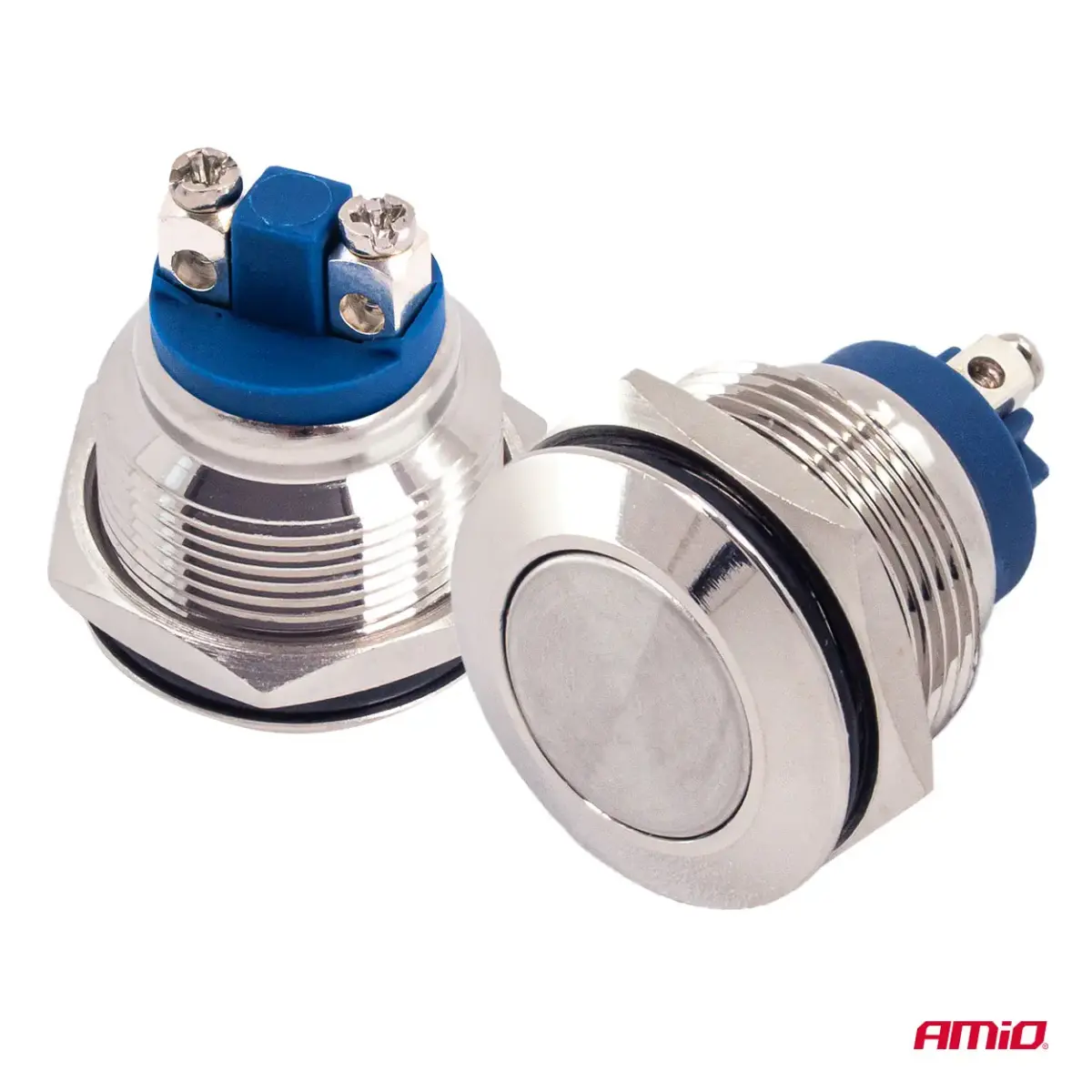 Flat round steel momentary button 19 mm, 5 A, 12/230 V, AMIO-04436