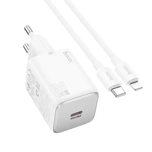 HOCO N40 tīkla lādētājs | 20W | PD, QC | USB-C | ar USB-C uz Lightning vadu komplektā | balts