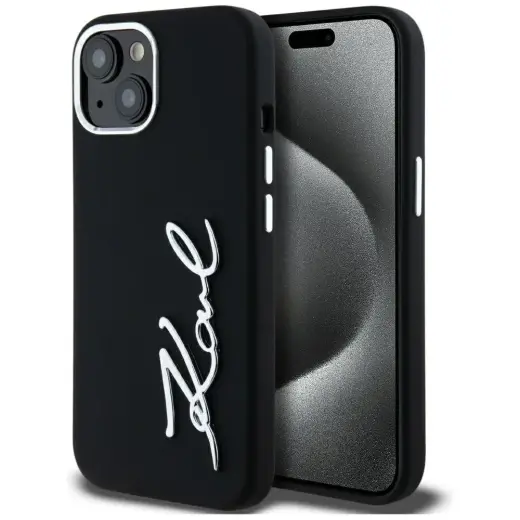 Karl Lagerfeld Silicone Metal Script Logo phone case for iPhone 15 black