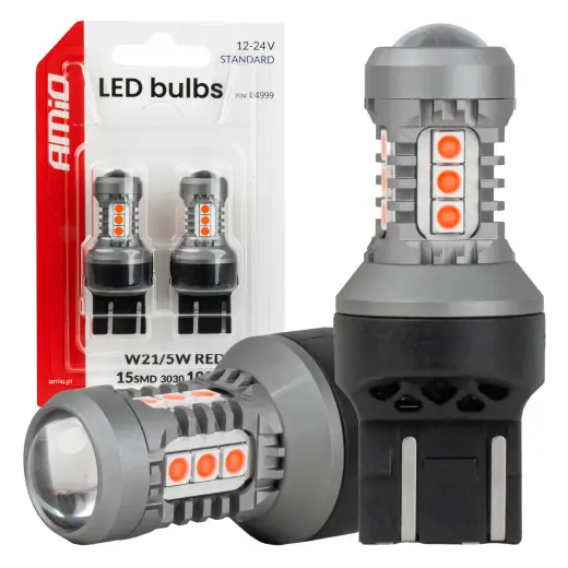 LED bulbs STANDARD 7443 W21/5W 3030 15SMD Red 12/24V AMIO-04999