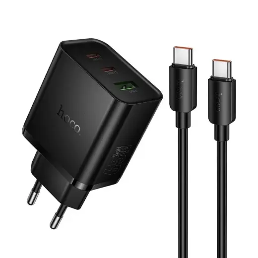 HOCO N75 travel charger | 65W | PD, QC | USB-C, USB-A | with USB-C to USB-C cable included | black