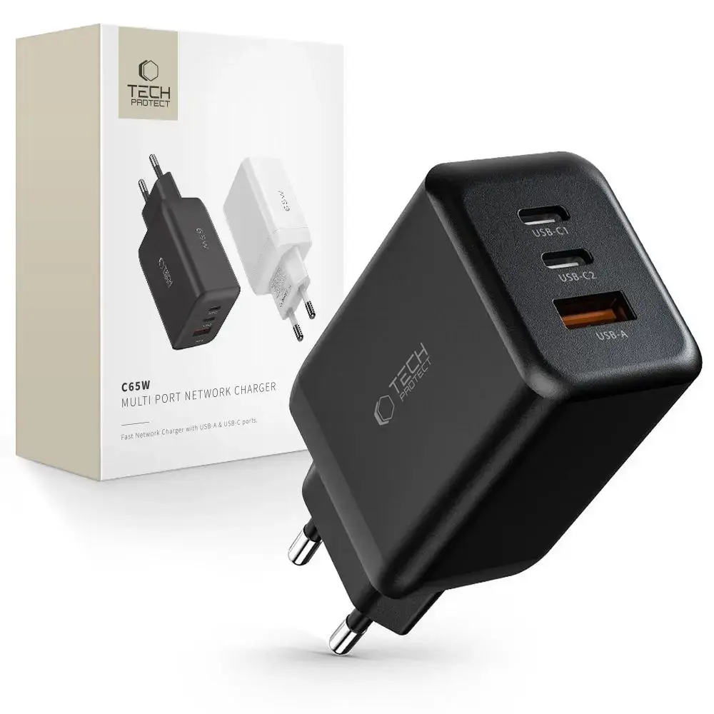 Tech-Protect C65W tīkla lādētājs | 65W | PD, QC 3.0 | USB-C, USB-A | melns