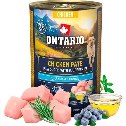 Konservi suņiem - Ontario Adult Chicken Pate with Blueberry Flavor 400g