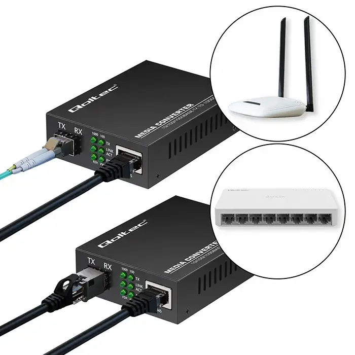 Qoltec Bidirectional Ethernet SWITCH Media Converter 1x RJ45 1x SFP| 1000Mbps | 5V