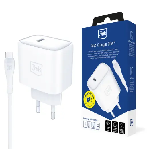 3mk Protection Rayo Charger kelioninis įkroviklis | 20W | PD, PPS | USB-C | su USB-C į USB-C laidu komplekte | baltas