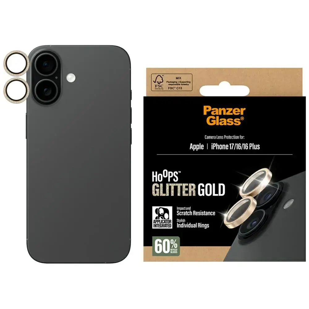 Tempered glass lens protector PanzerGlass  Hoops Glitter for iPhone 17 | 16 | 16 Plus gold