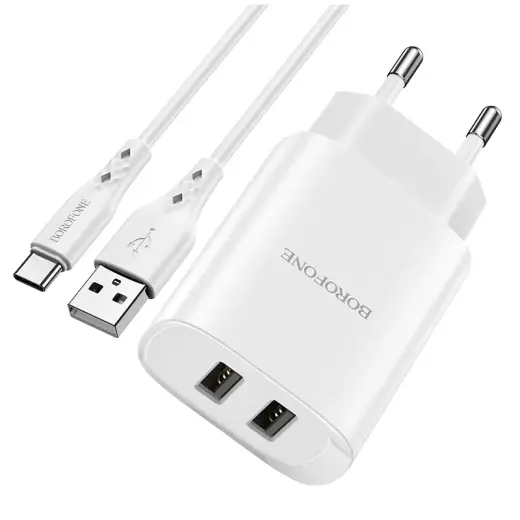 Borofone BN2 travel charger | 10.5W | USB-A, USB-C | with USB-C cable included | white