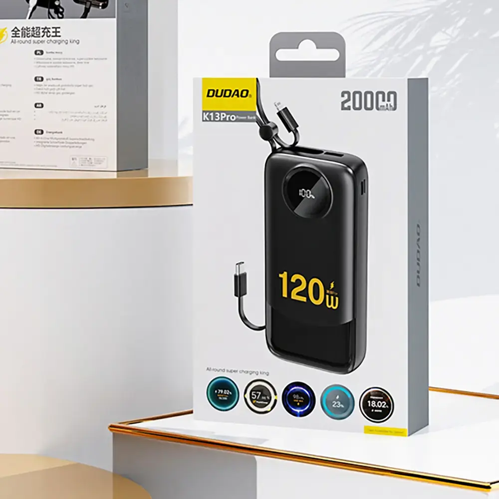 Dudao K13 10000mAh Powerbank with Built-in Cable - Black
