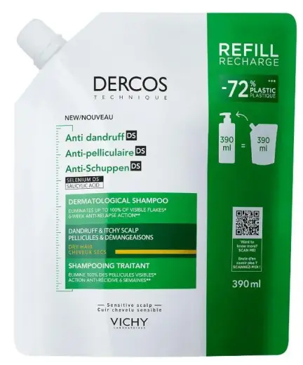 Vichy Dercos Shampoo Refill - 390ml - Daily Balancing Formula for Normal to Oily Hair - Face the Future