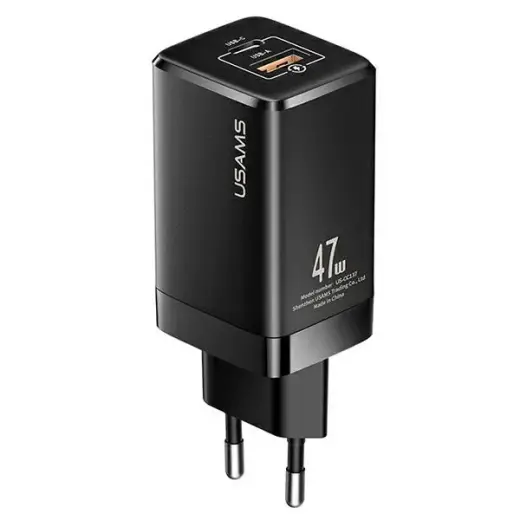 USAMS T41 travel charger | 47W | GaN, PD, QC | USB-C, USB-A | black