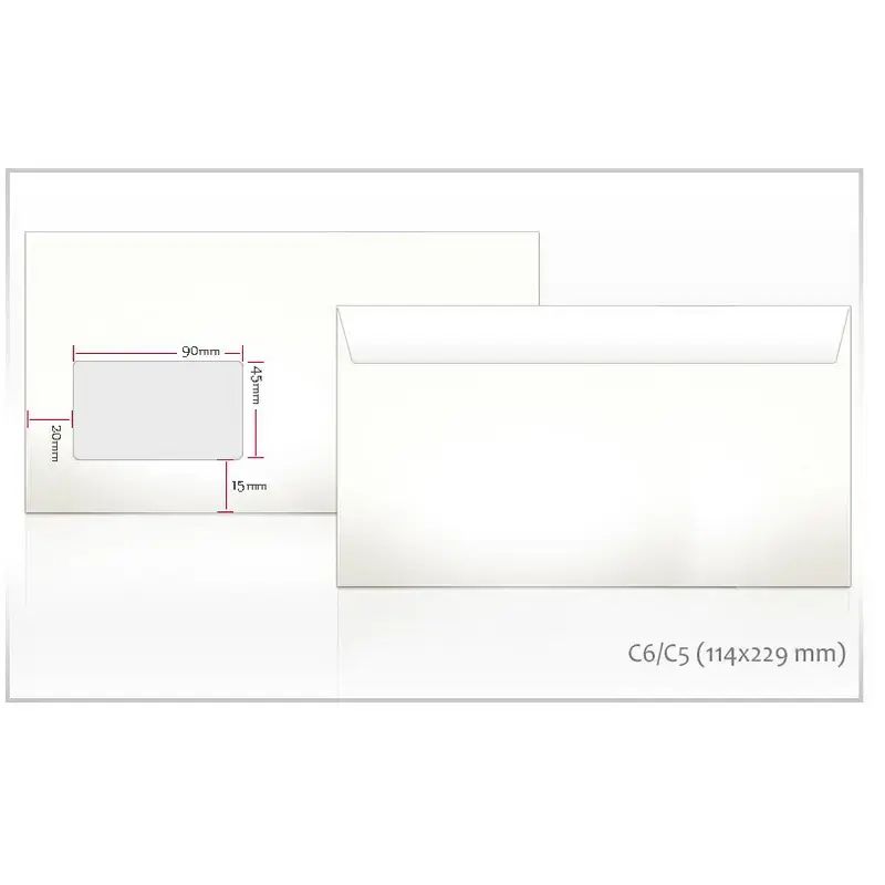 Aploksnes E65 RH formāts, 114x229mm, ar logu 45x90, 1000 gab./iepak., 80g/m2
