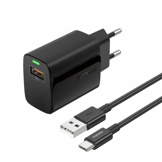 Foneng EU64 travel charger | 18W | USB-C, USB-A | black | with USB to Type C cable included