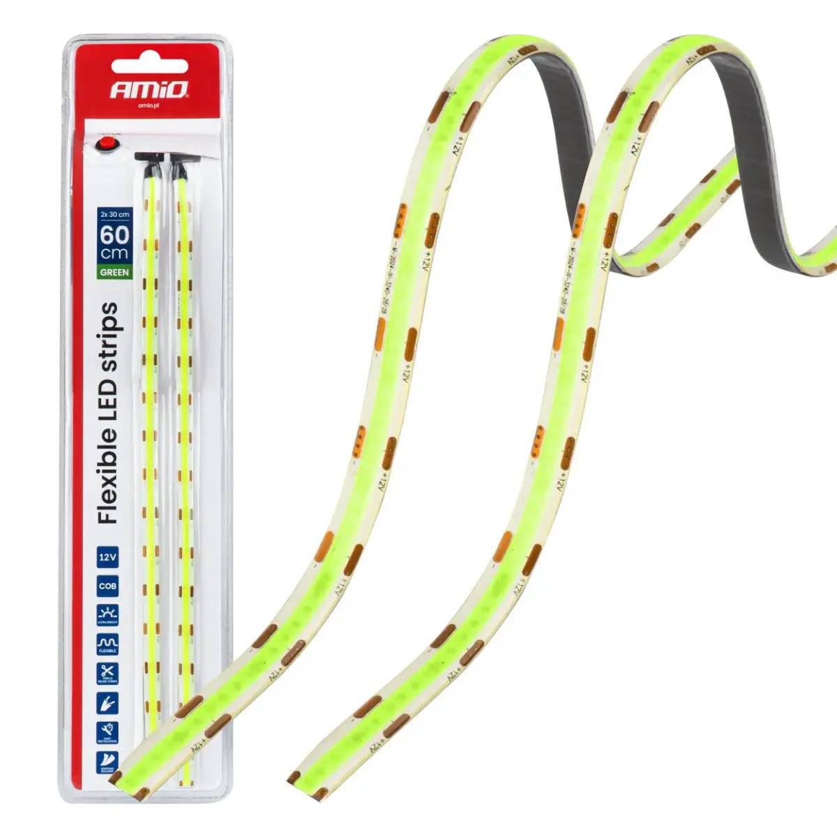 Flexible LED COB strips, green, 2x30 cm, 12 V, AMIO-04573