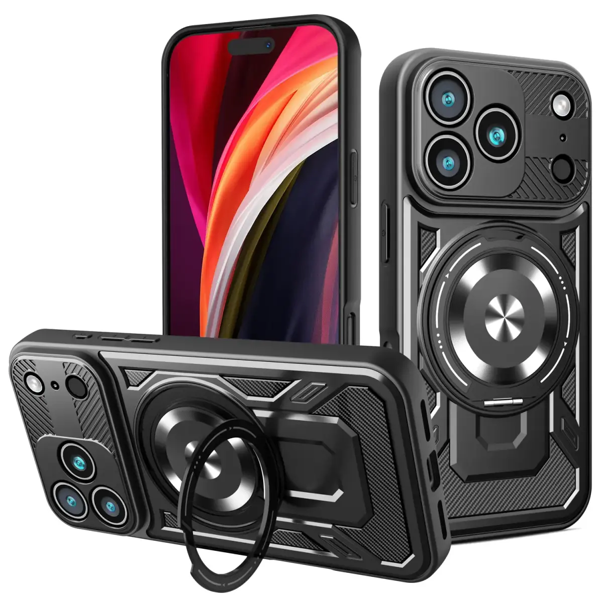 Defender Armor Mag maciņš ar statīvu un MagSafe atbalstu telefonam iPhone 17 Pro melns (ar kameras aizsargu)