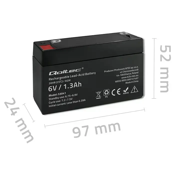 Qoltec AGM battery | 6V | 1.3Ah | Maintenance-free | Efficient| LongLife | for UPS, scale, cash register